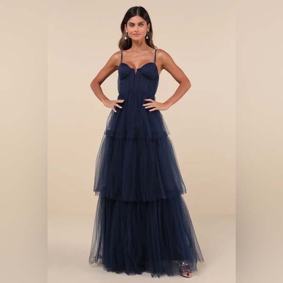 Lulus Dresses & Skirts - Unforgettable Poise Navy Blue Tulle Bustier Tiered Maxi Dress